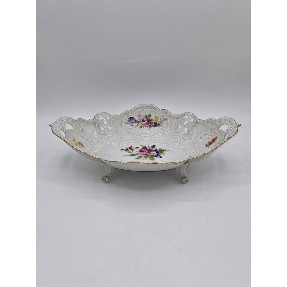 Dresden Porcelain Reticulated Floral Centerpiece Bowl Footed White Gold Western